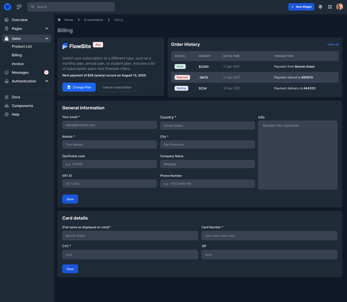 Billing mockup dark